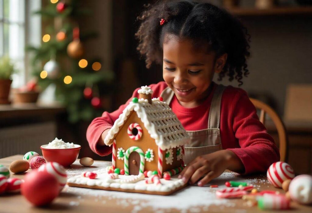 A gingerbread house decorated with colorful candy and icing.