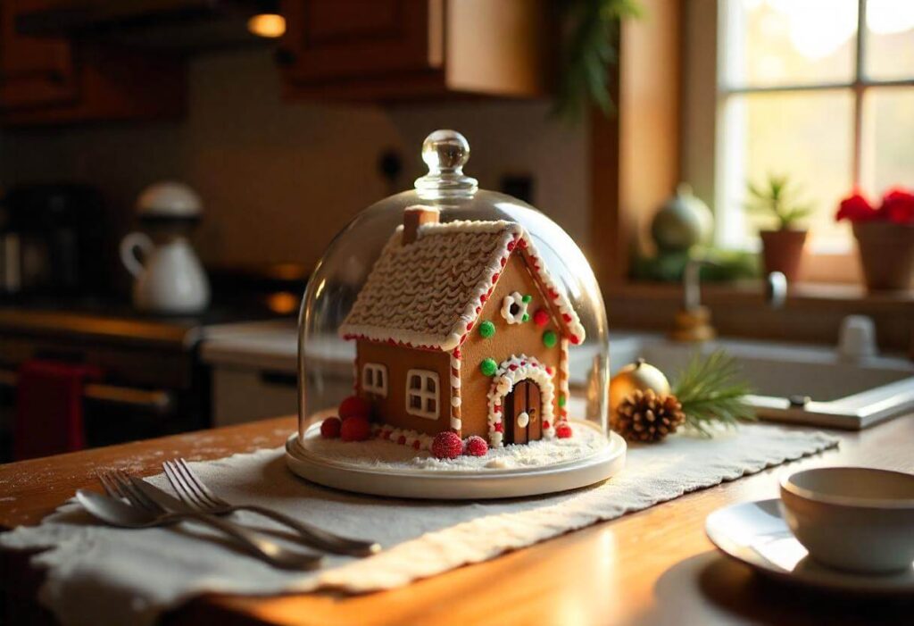 Gingerbread house stored under a protective plastic dome.