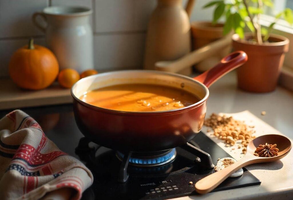 A saucepan with gingerbread syrup simmering, surrounded by spices.