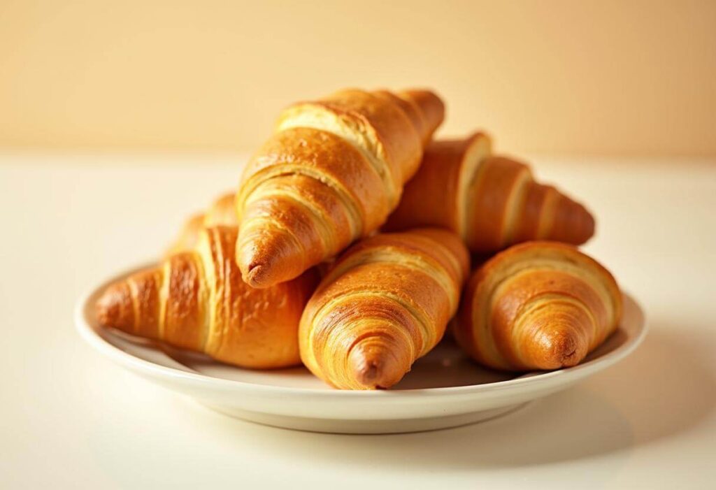 A stack of golden, flaky croissants on a white plate.