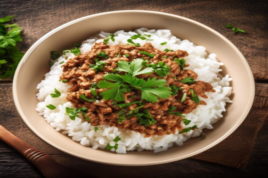 A hearty bowl of ground beef and rice with fresh herbs