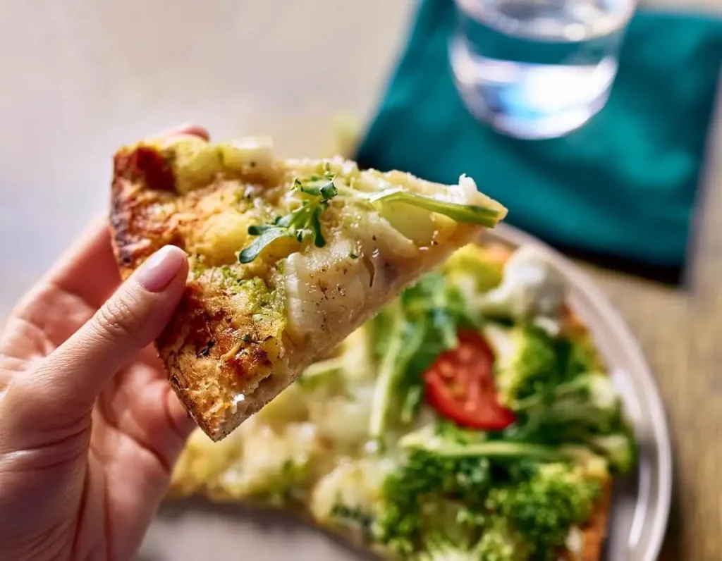 A slice of cauliflower crust pizza held by a fit individual.