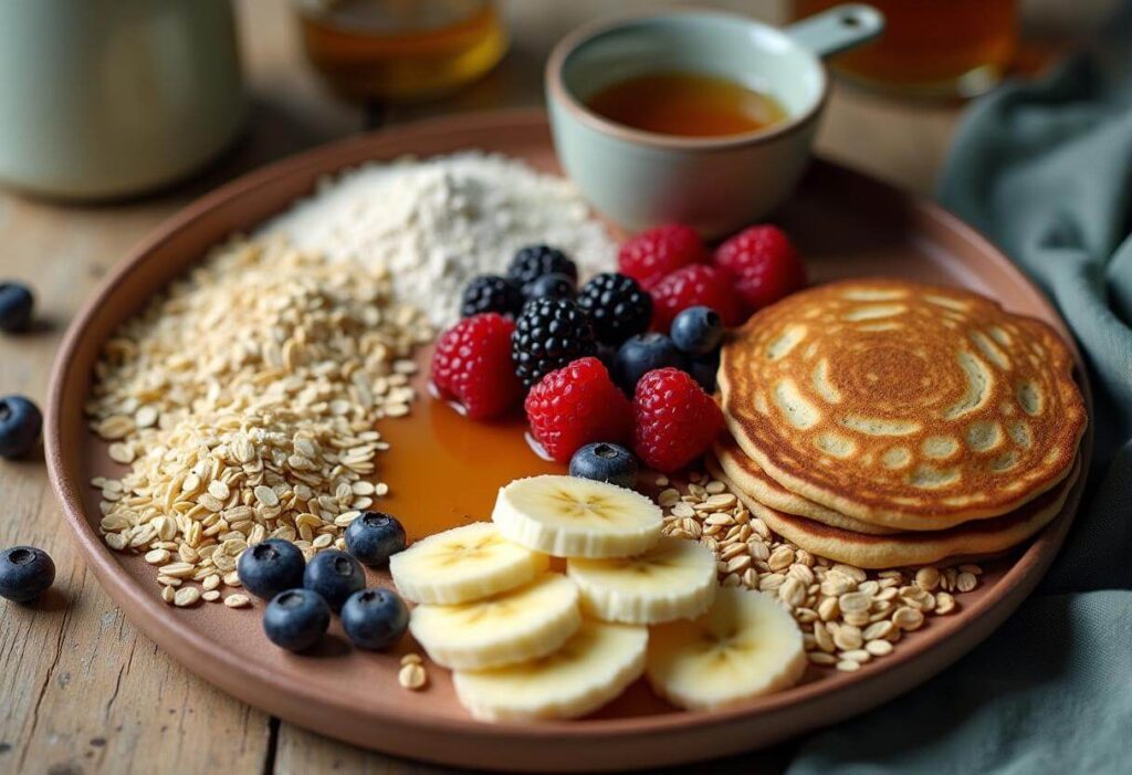 Nutritious ingredients like almond flour, oats, and fruits for healthy pancakes.