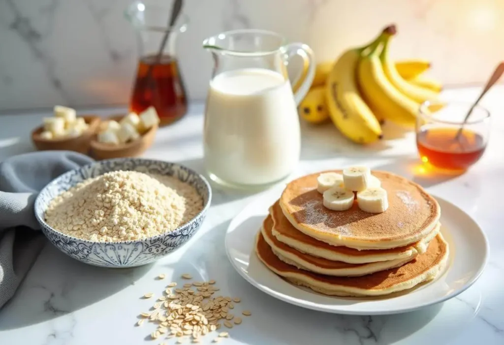 Healthy pancake ingredients including oat flour, bananas, and almond milk