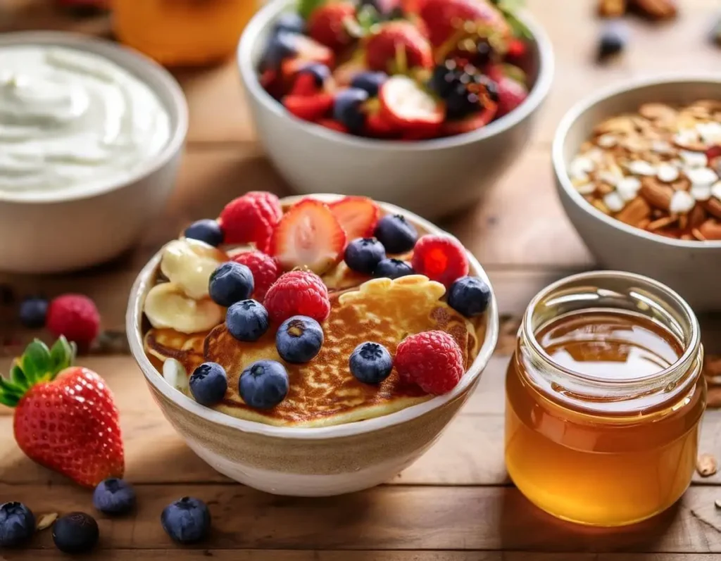 Healthy pancake toppings including berries, yogurt, and almond butter.