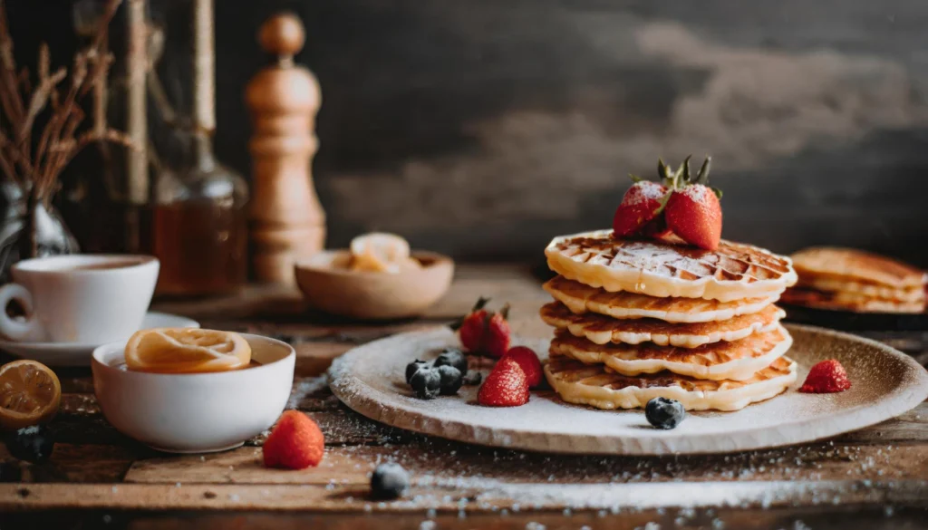 A stack of healthy pancakes topped with fresh fruit and maple syrup.