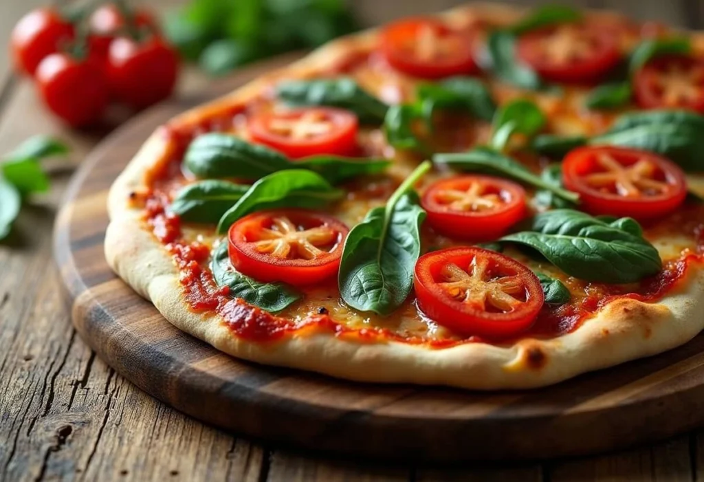 A healthy slice of pizza with fresh vegetables.