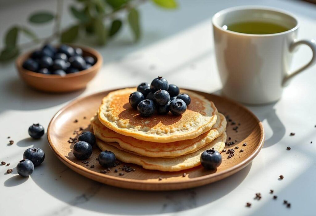 Heart-healthy pancakes topped with blueberries and chia seeds.