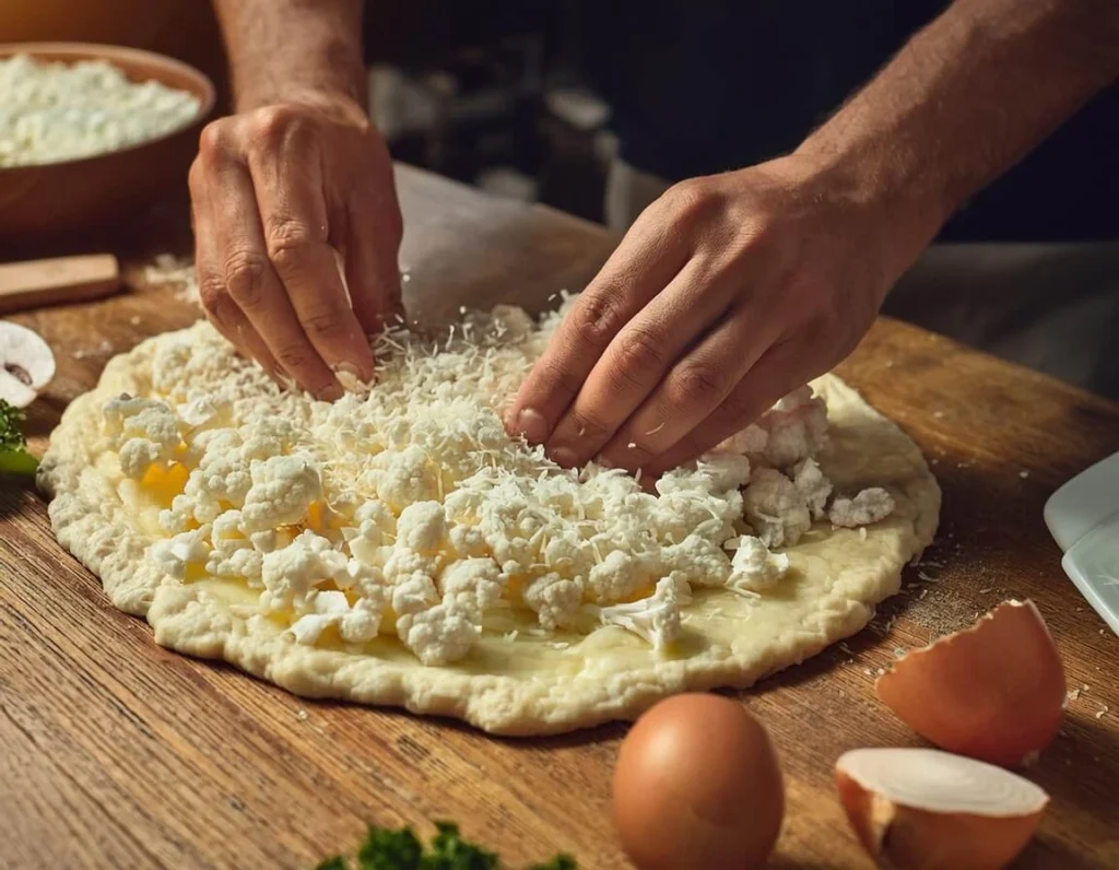 Homemade cauliflower pizza crust being prepared with fresh ingredients.