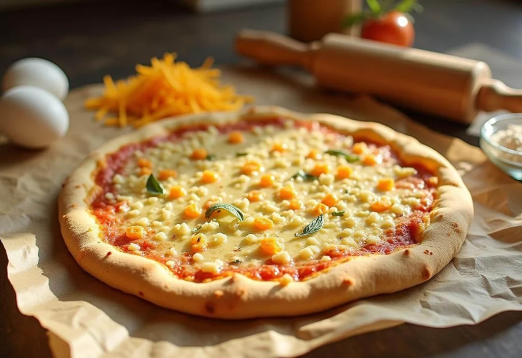 Homemade cauliflower crust with fresh ingredients for a healthy pizza.