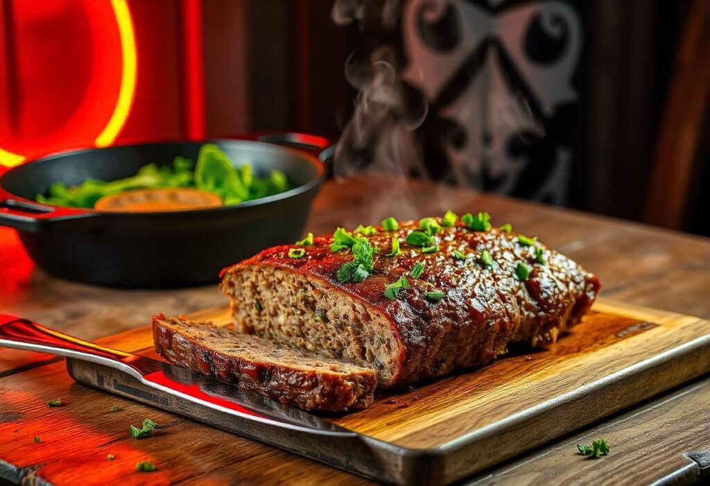 A homemade meatloaf fresh from the oven on a rustic table.