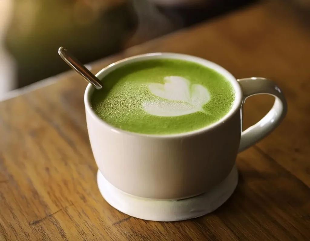 Hot Starbucks matcha latte recipe with creamy frothy milk in a ceramic mug.