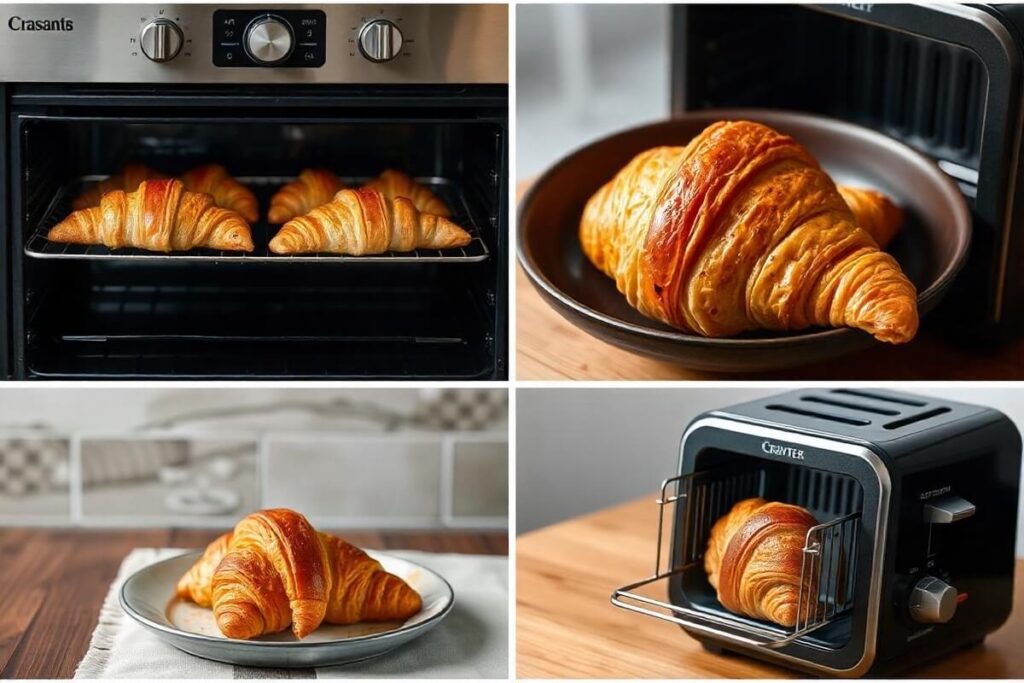 A collage of croissants being toasted in an oven, pan, air fryer, and toaster.