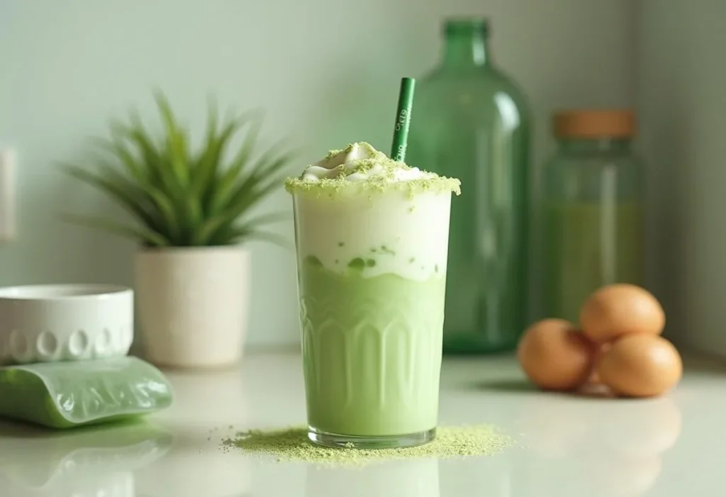 Ingredients and tools for preparing a Starbucks iced matcha latte at home.