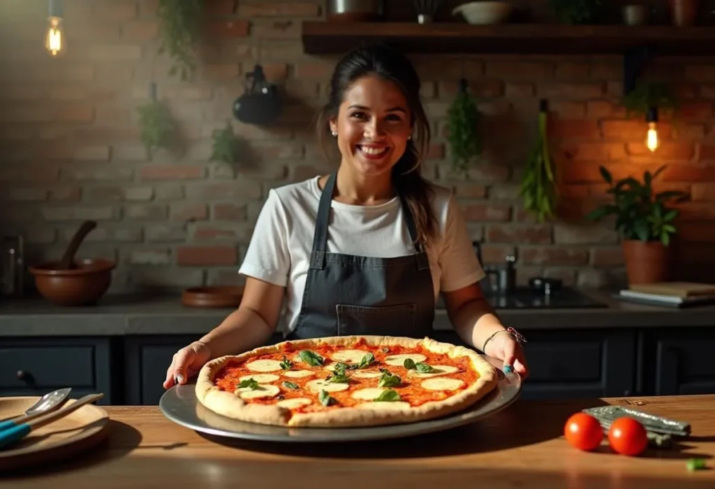 Pizza being placed on an inverted baking tray.