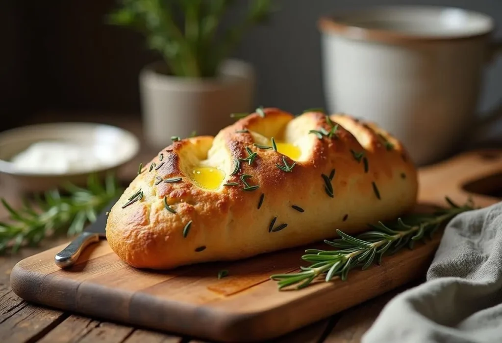 A rustic focaccia bread topped with rosemary and olive oil.