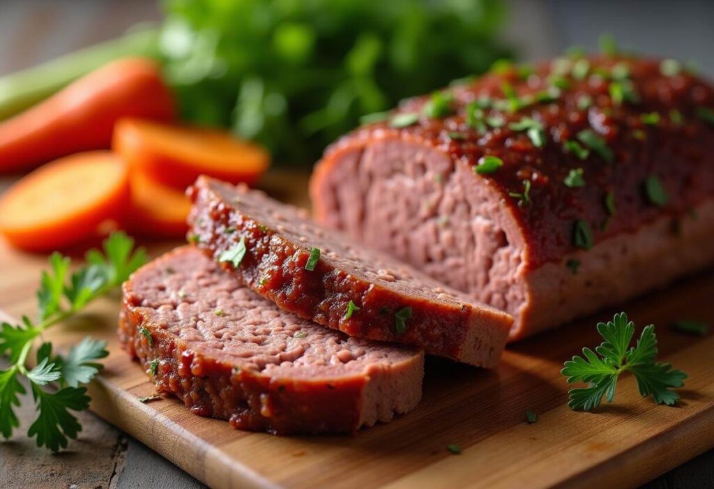 Sliced juicy meatloaf with parsley garnish on a wooden cutting board.