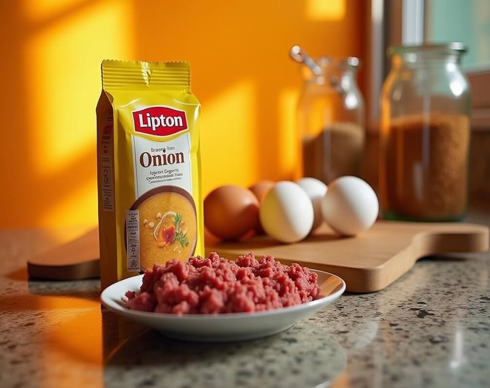 Lipton Onion Soup Mix and meatloaf ingredients on a countertop.