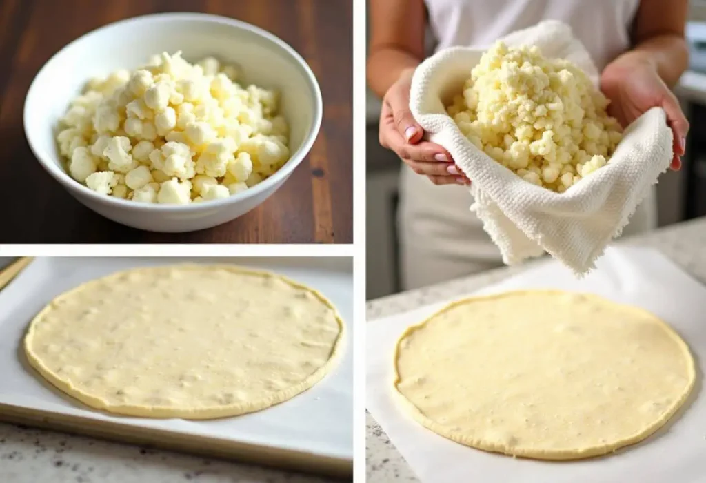 Preparation steps for a homemade cauliflower pizza crust.