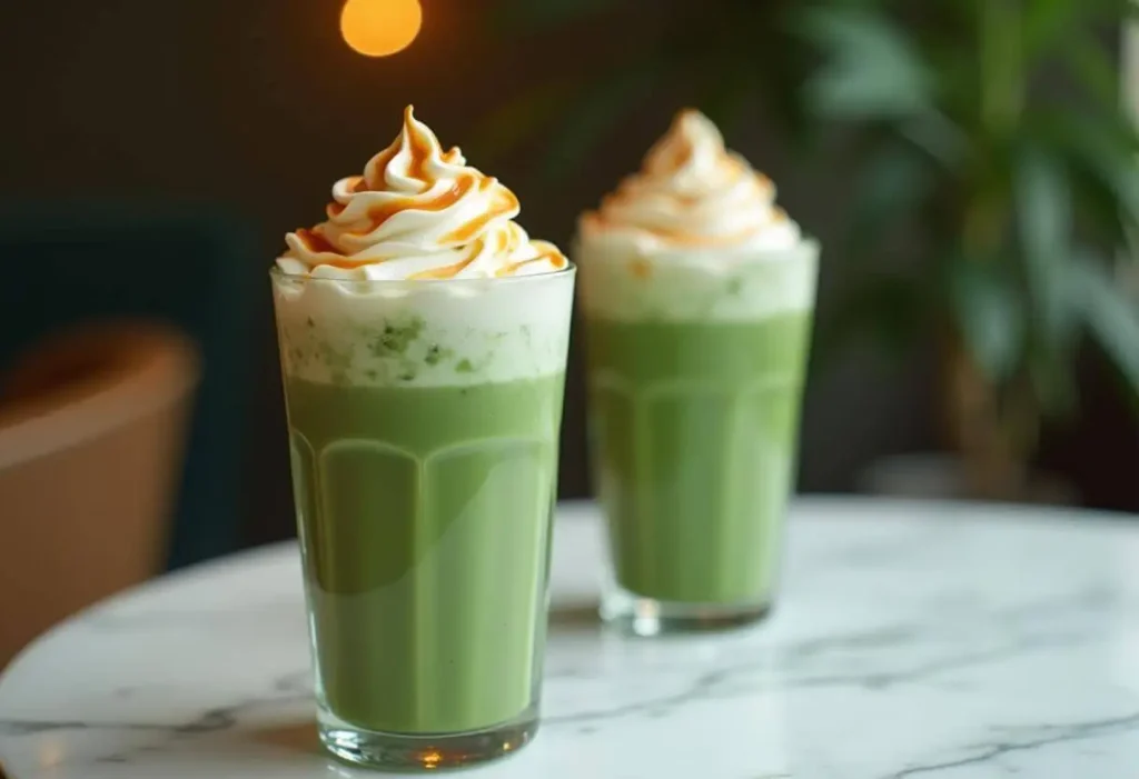 A Starbucks matcha latte topped with whipped cream and caramel drizzle.