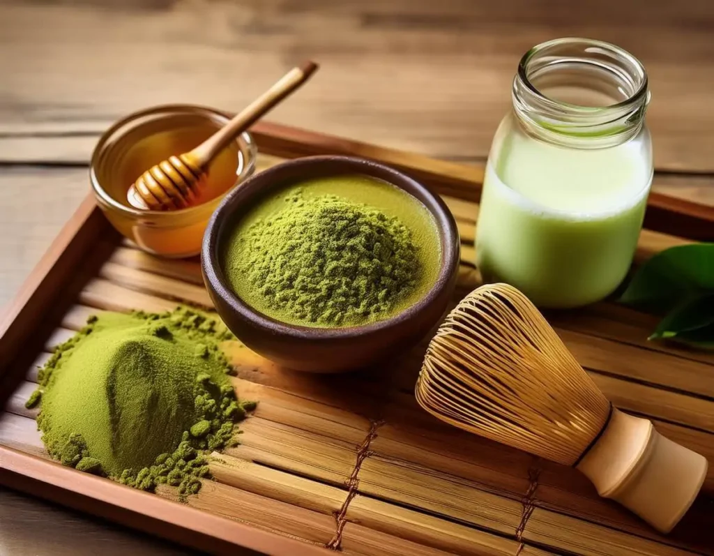 Ingredients for Starbucks matcha latte recipe: matcha powder, milk, and honey.