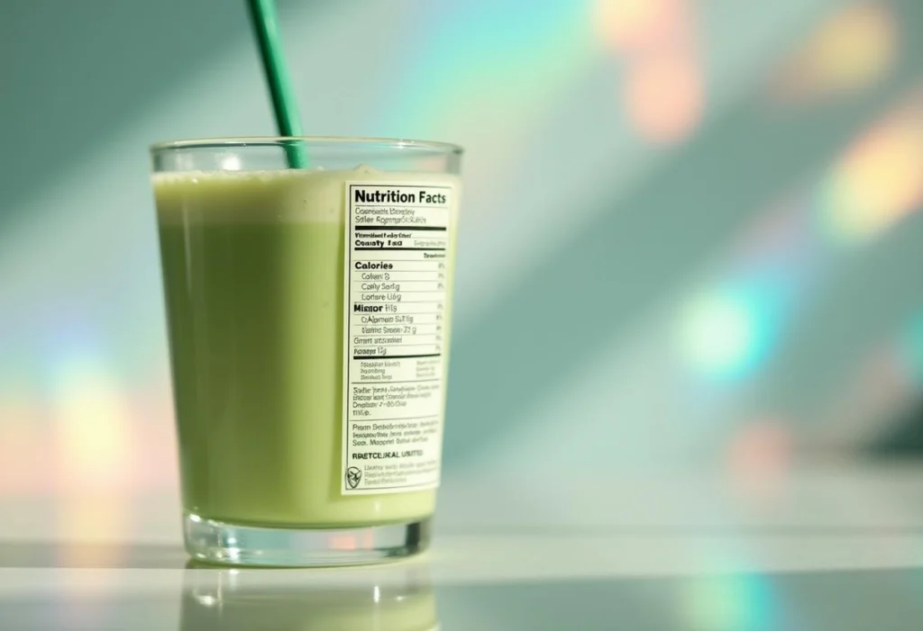 Nutritional facts label for Starbucks matcha latte, showing calories and sugar content.