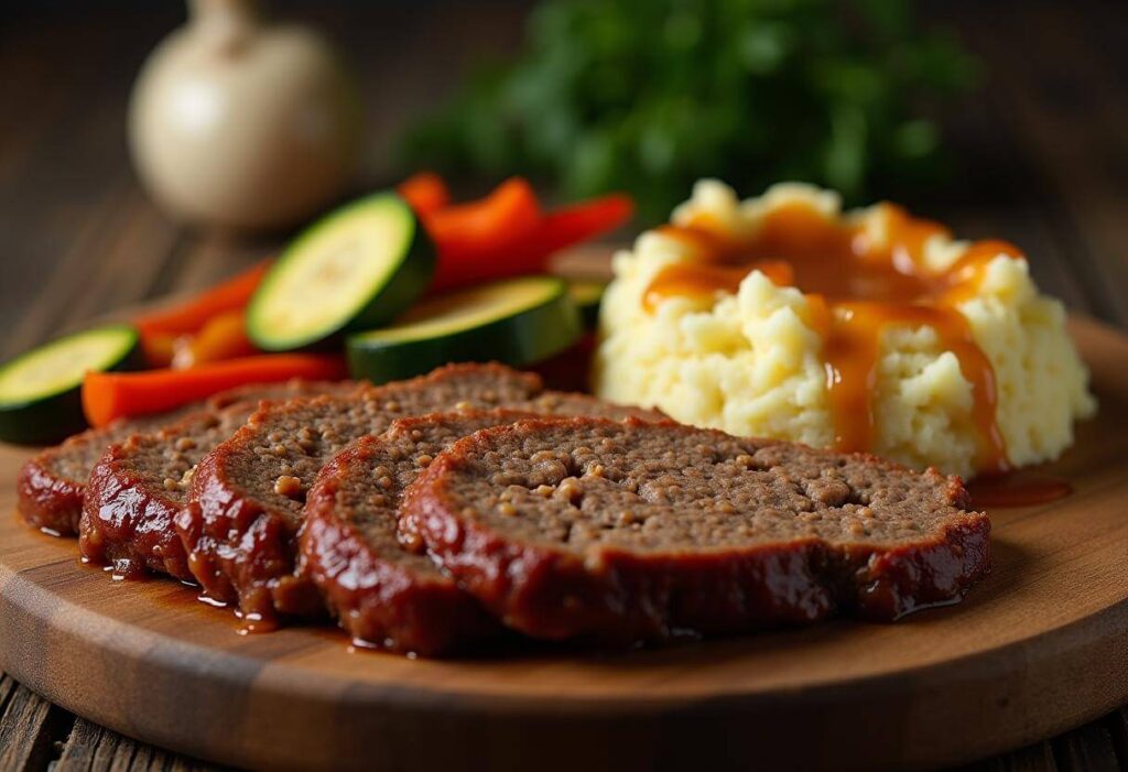 A plate of juicy meatloaf served with mashed potatoes and roasted vegetables.