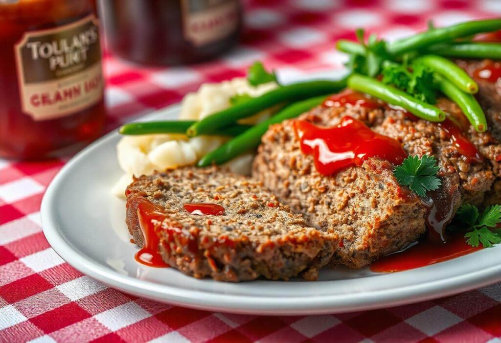 A plated meatloaf slice with mashed potatoes and green beans.