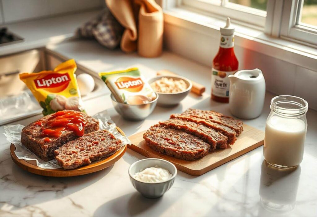 Key ingredients for a meatloaf recipe, including ground beef, eggs, and Lipton onion soup mix.