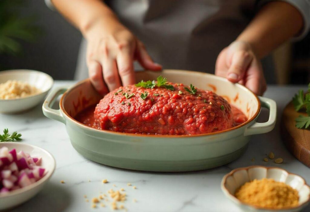 Shaping a meatloaf mixture into a loaf pan with visible onions and breadcrumbs.