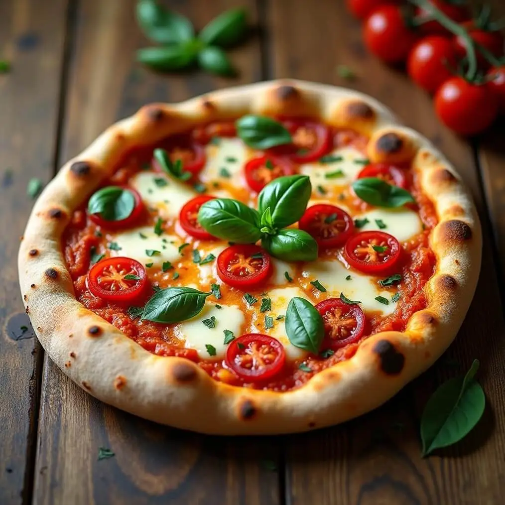 Freshly baked naan pizza with basil and tomatoes.