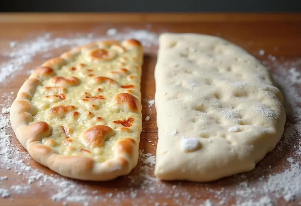 Naan bread and raw pizza dough on a floured surface.