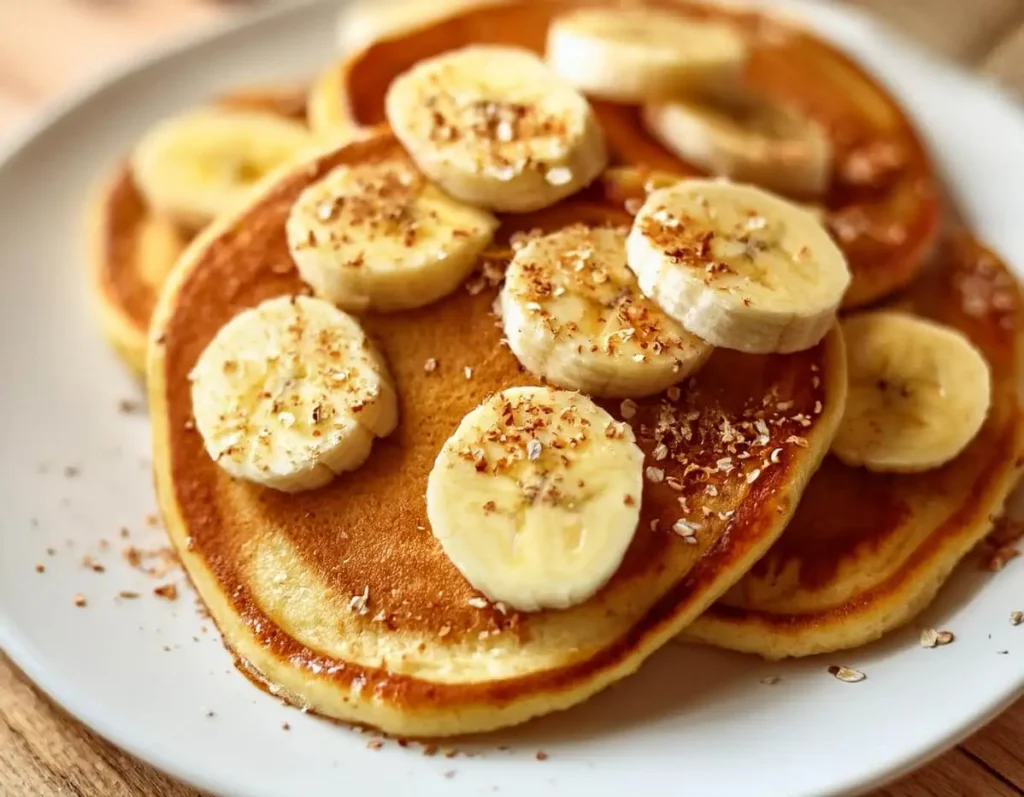 Healthy oat pancakes with banana slices and cinnamon.