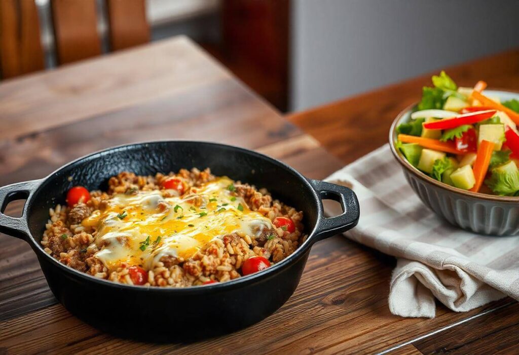 One-pot beef and rice casserole with melted cheese and fresh herbs.