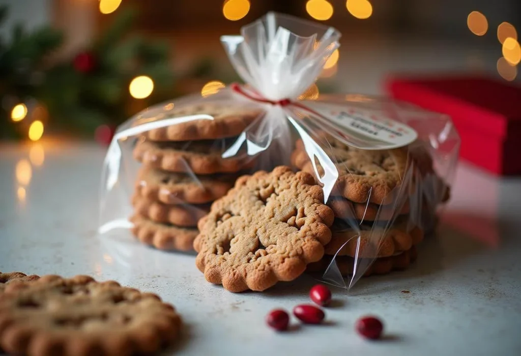 Packaged gingerbread cookies with festive holiday labeling.