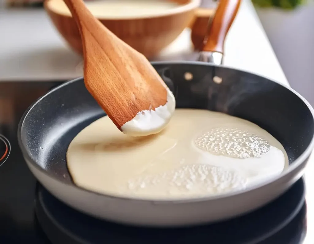 Pouring pancake batter onto a hot skillet for cooking.