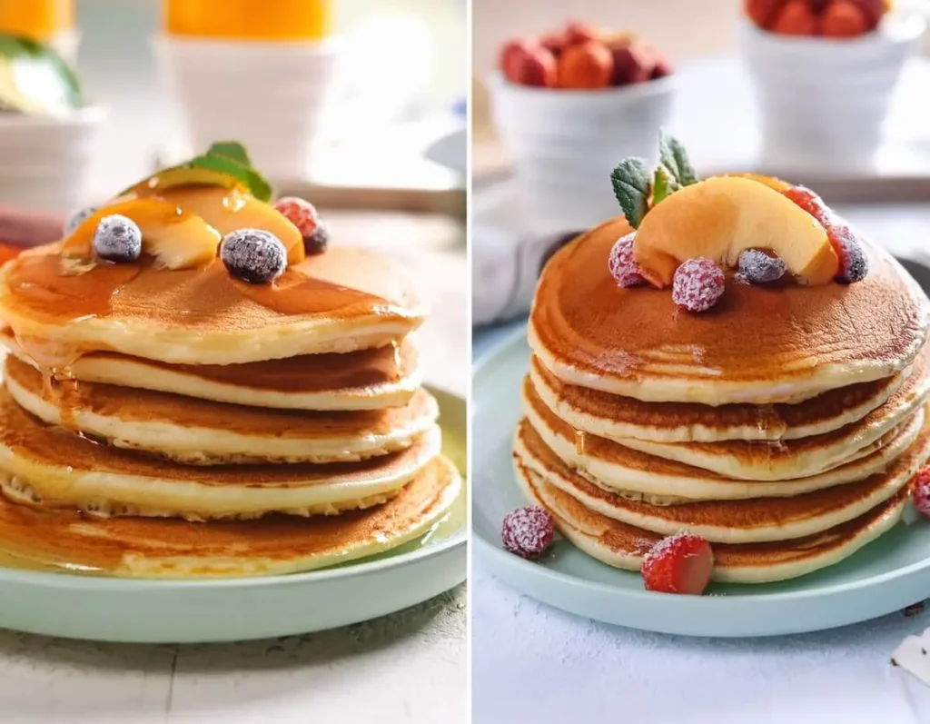 Comparison between traditional pancakes with syrup and whole-grain pancakes with fruit.