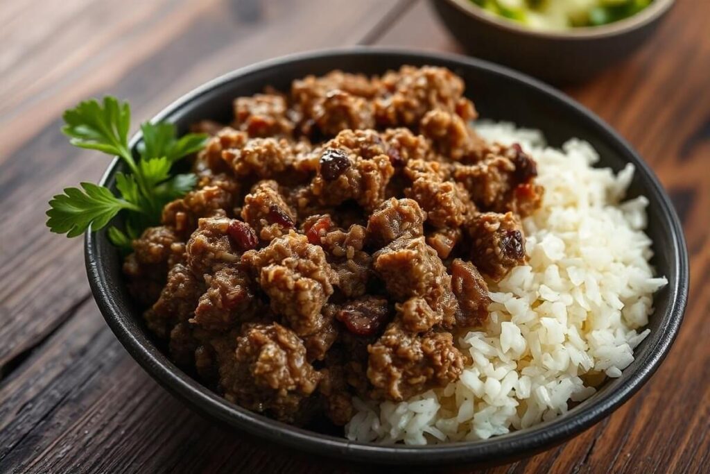 Bowls of perfectly fluffed rice and browned ground beef for meal prep