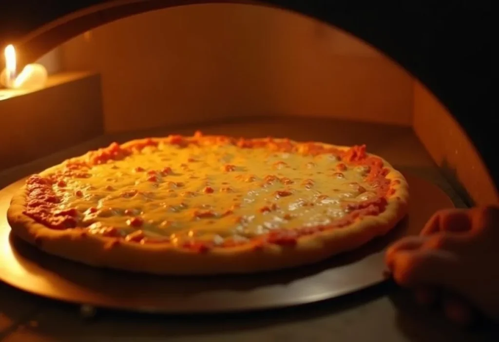 Pizza on a preheated baking steel inside an oven.