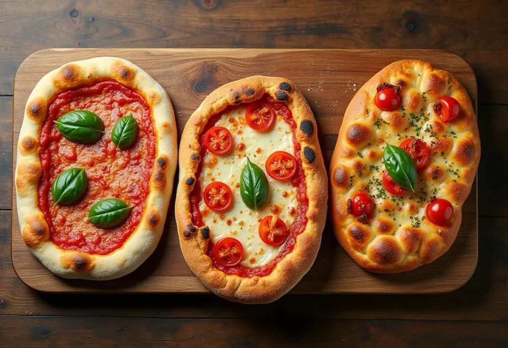 Different types of bread for pizza, including traditional dough, French bread, and focaccia.