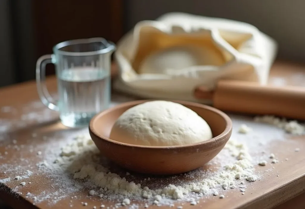 Bowl of pizza dough with water and flour in the background.