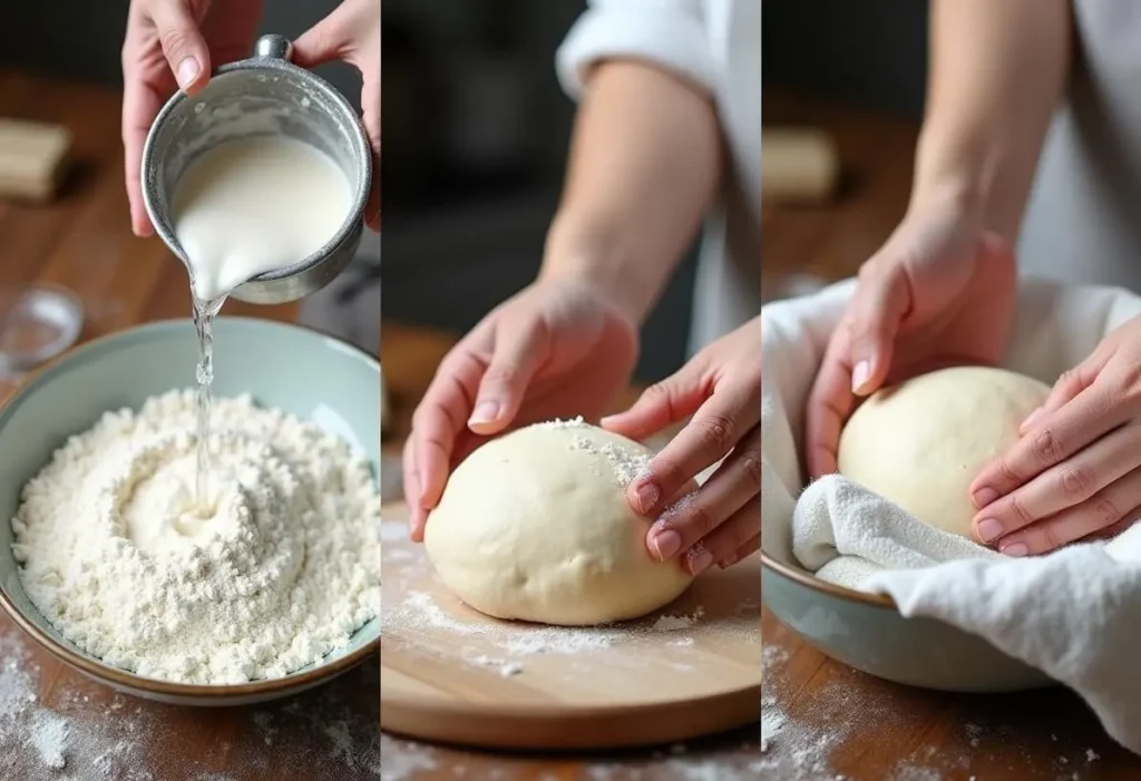 Key techniques for pizza dough preparation: hydration, kneading, and proofing.