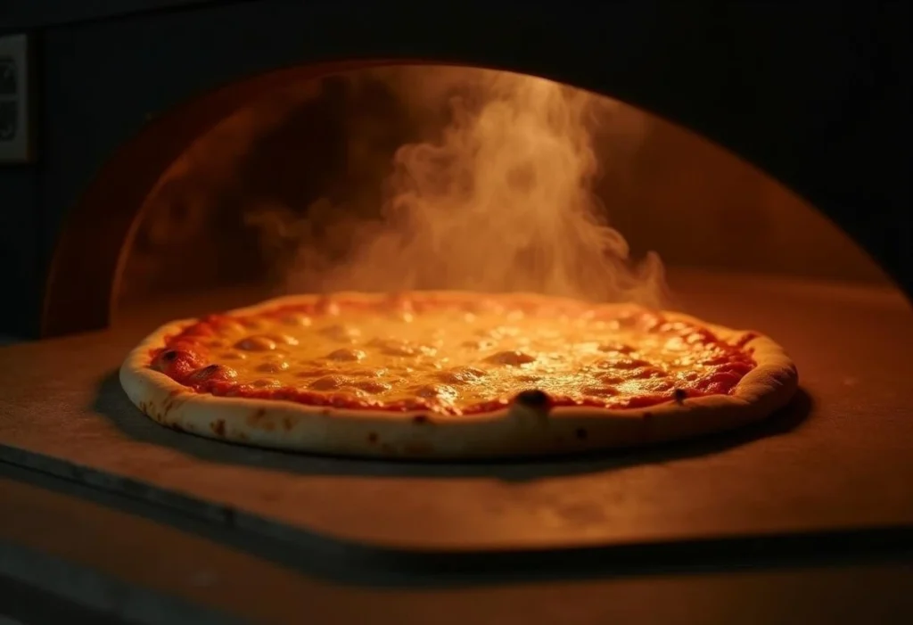 Pizza baking on a pizza stone inside a home oven.