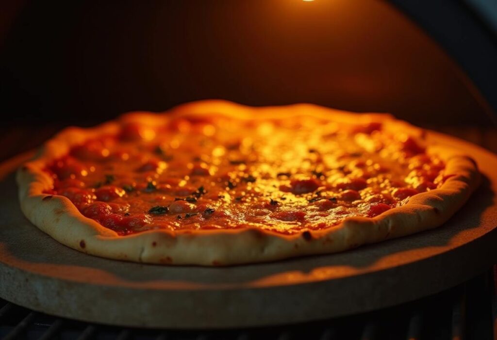 Chicken pizza crust baking on a pizza stone.