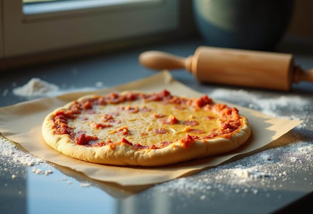 Pre-baked chicken pizza crust with golden edges.