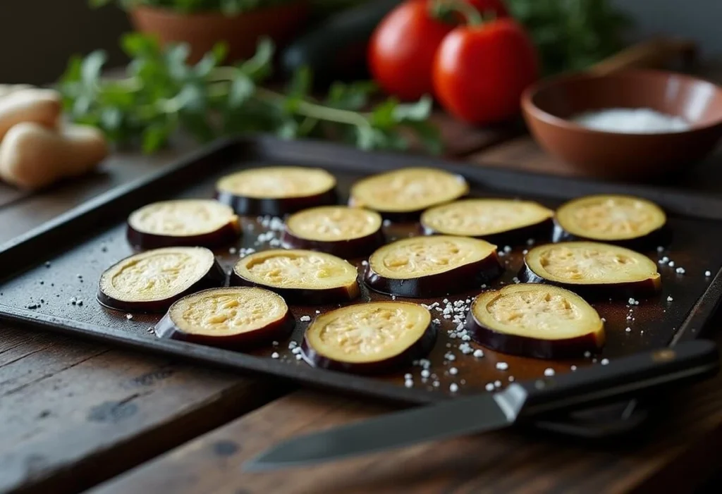 Eggplant slices on a tray sprinkled with salt for cooking preparation.