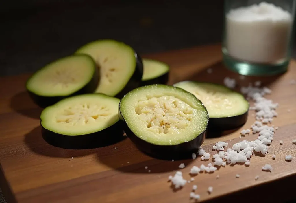 Eggplant slices being salted for cooking