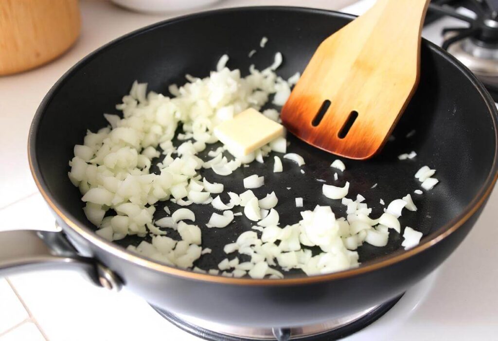 Chopped onions being sautéed in a skillet with melted butter.