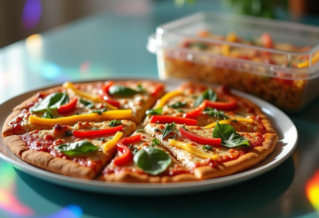 Slices of vegan cauliflower pizza topped with vegetables next to a storage container with leftovers