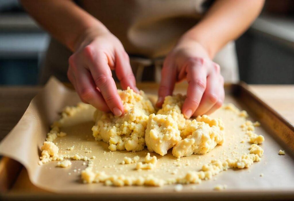 Shaping a pizza crust mixture on a baking sheet, ready for baking